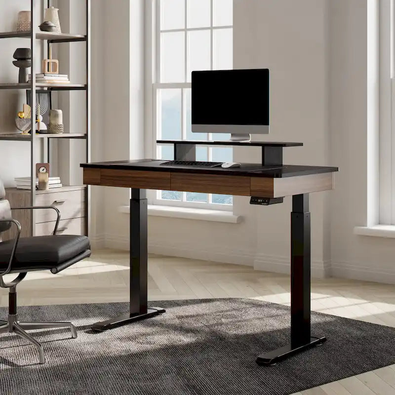 Bureau Debout Électrique Réglable en Hauteur avec 2 Tiroirs et Support Moniteur pour Bureau à Domicile