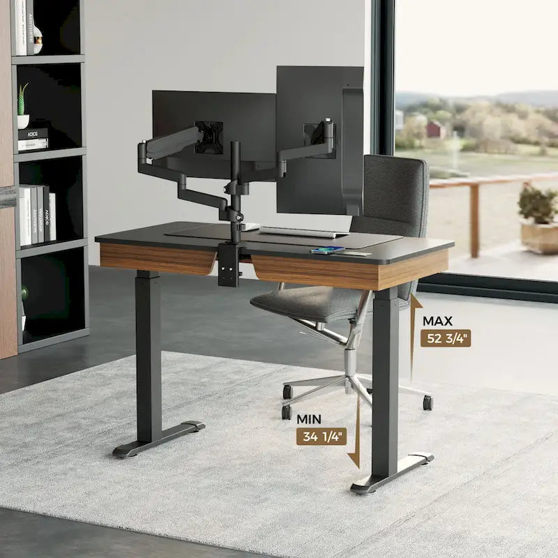 Bureau Debout Électrique Réglable en Hauteur avec 2 Tiroirs et Support Moniteur pour Bureau à Domicile
