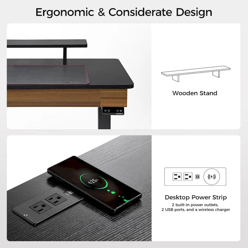 Bureau Debout Électrique Réglable en Hauteur avec 2 Tiroirs et Support Moniteur pour Bureau à Domicile