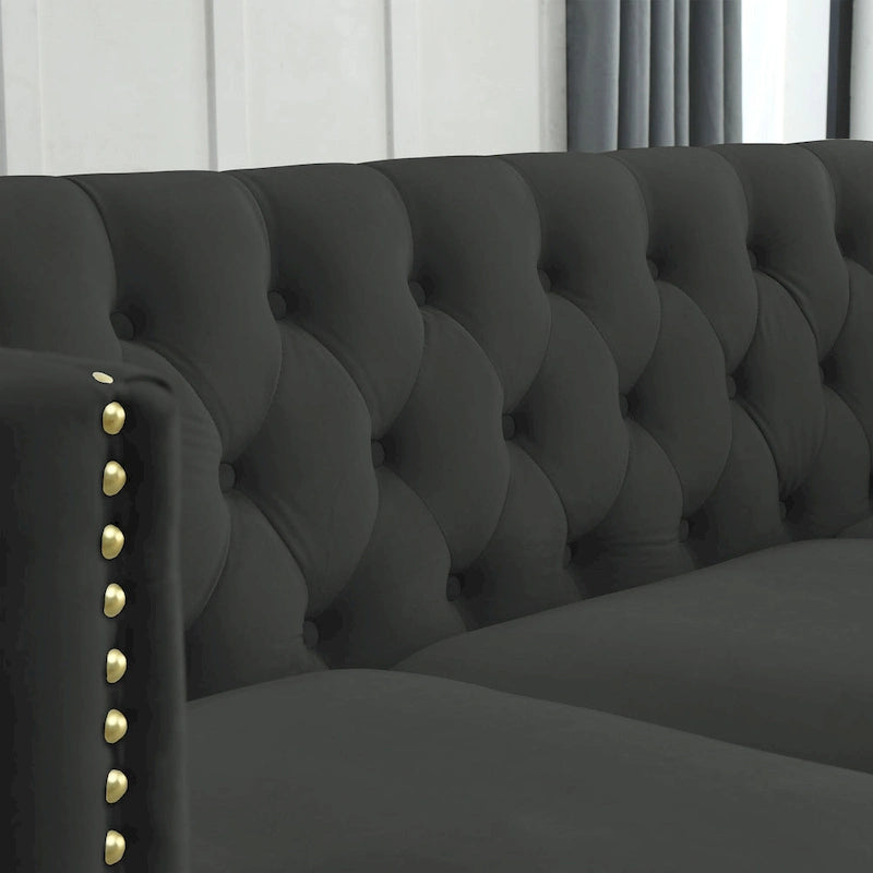 Contactez-nous pour la modélisation 3D du canapé en velours pour salon, canapé à accoudoirs carrés capitonnés à boutons, canapé moderne rembourré à boutons et moi