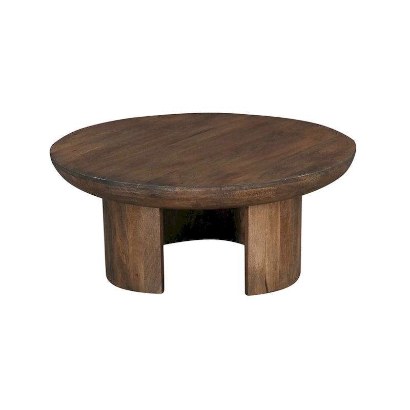 Table Basse 35 Pouces, Plateau Rond en Bois de Mangue Fait à la Main, Pieds Trépied Courbés Modernes, Noyer Marron