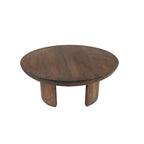 Table Basse 35 Pouces, Plateau Rond en Bois de Mangue Fait à la Main, Pieds Trépied Courbés Modernes, Noyer Marron