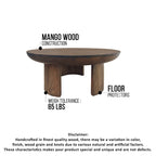 Table Basse 35 Pouces, Plateau Rond en Bois de Mangue Fait à la Main, Pieds Trépied Courbés Modernes, Noyer Marron