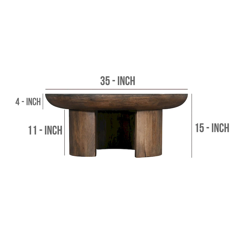 Table Basse 35 Pouces, Plateau Rond en Bois de Mangue Fait à la Main, Pieds Trépied Courbés Modernes, Noyer Marron