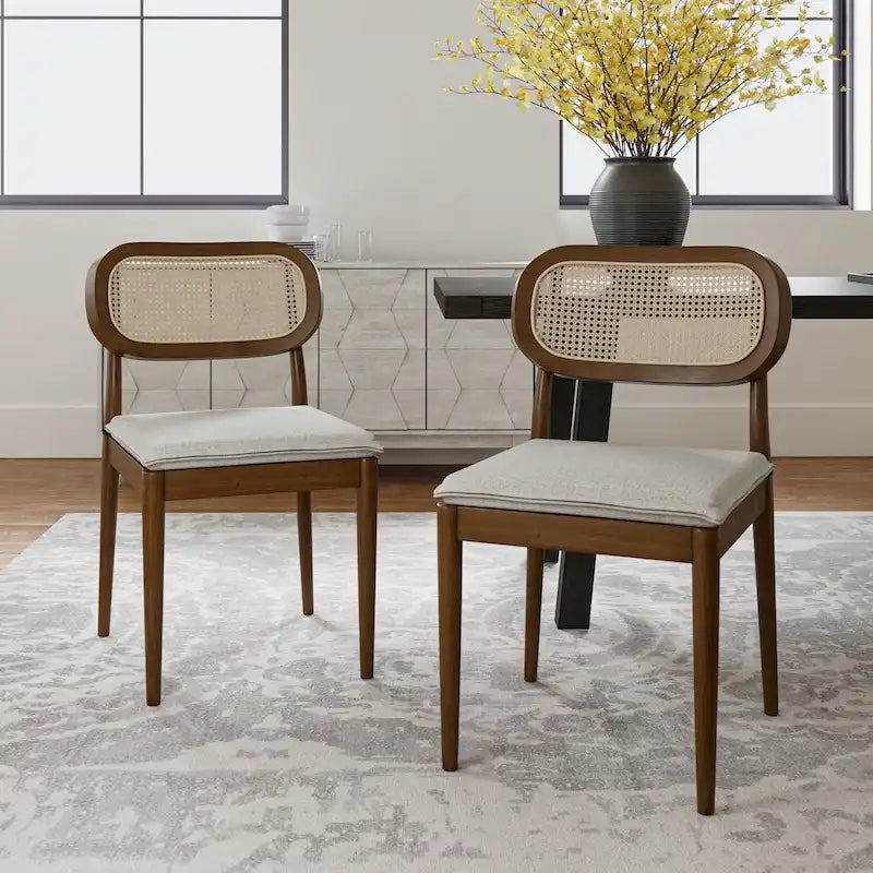 Chaise de salle à manger moderne en bois massif avec dossier en rotin et coussin amovible, lot de 2, par