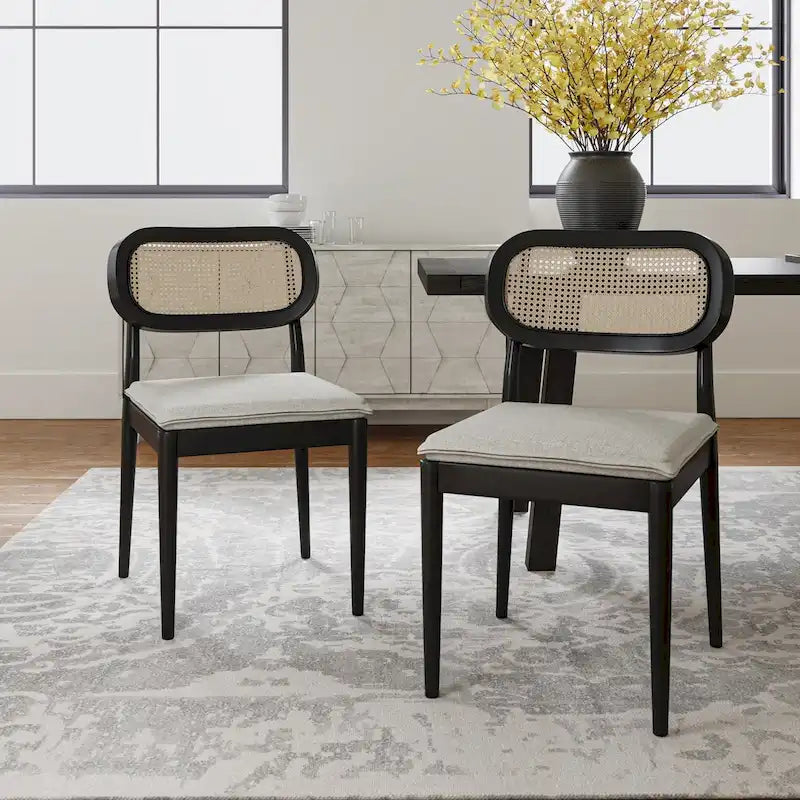 Chaise de salle à manger moderne en bois massif avec dossier en rotin et coussin amovible, lot de 2, par
