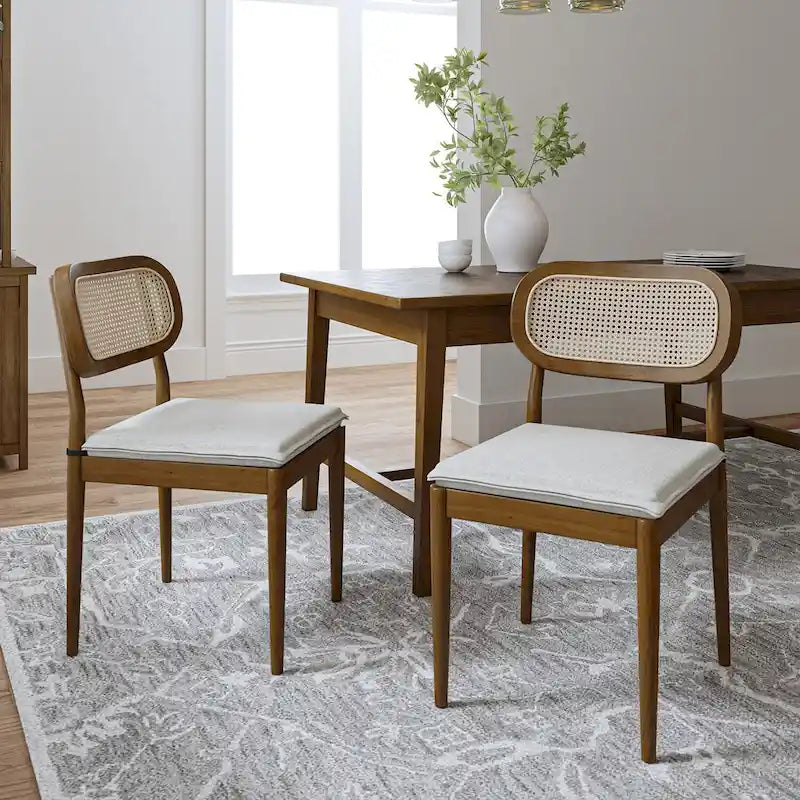 Chaise de salle à manger moderne en bois massif avec dossier en rotin et coussin amovible, lot de 2, par