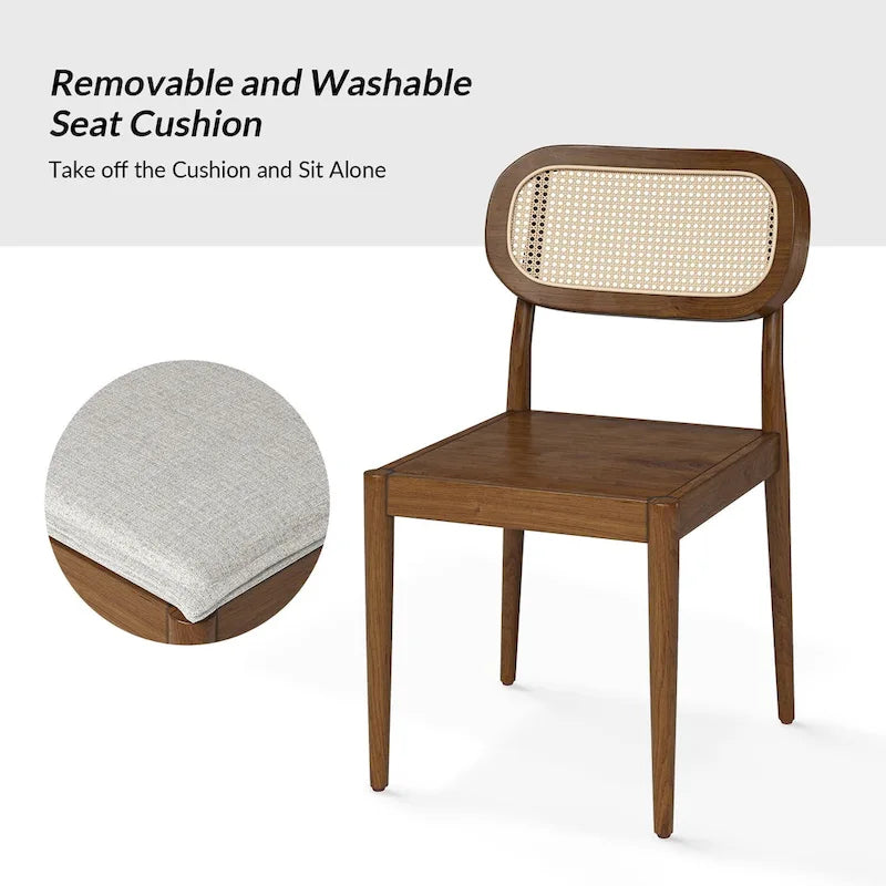 Chaise de salle à manger moderne en bois massif avec dossier en rotin et coussin amovible, lot de 2, par
