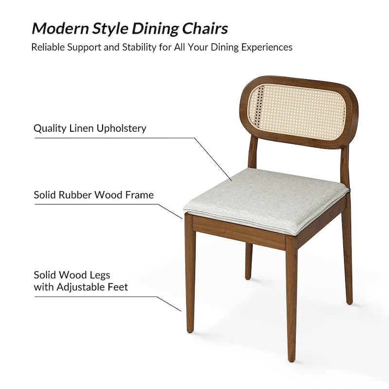 Chaise de salle à manger moderne en bois massif avec dossier en rotin et coussin amovible, lot de 2, par