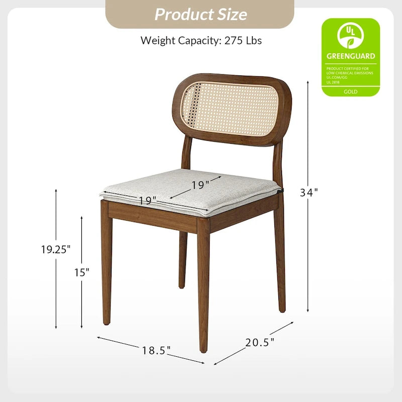 Chaise de salle à manger moderne en bois massif avec dossier en rotin et coussin amovible, lot de 2, par