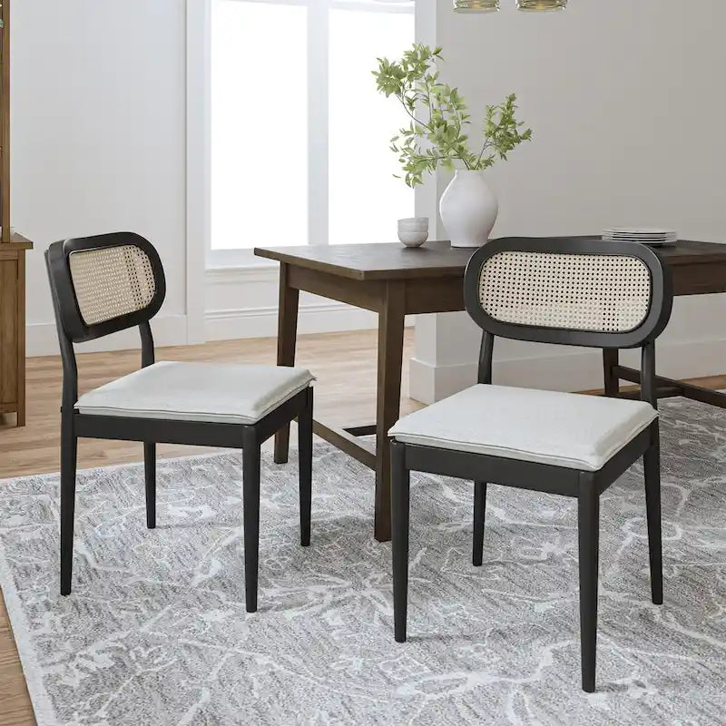 Chaise de salle à manger moderne en bois massif avec dossier en rotin et coussin amovible, lot de 2, par
