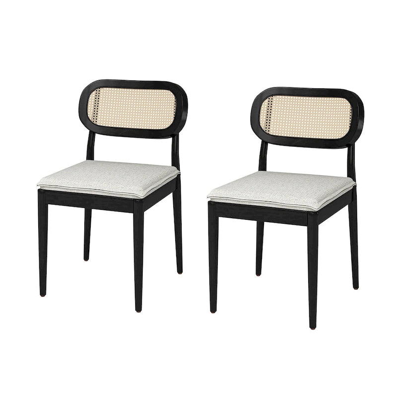 Chaise de salle à manger moderne en bois massif avec dossier en rotin et coussin amovible, lot de 2, par
