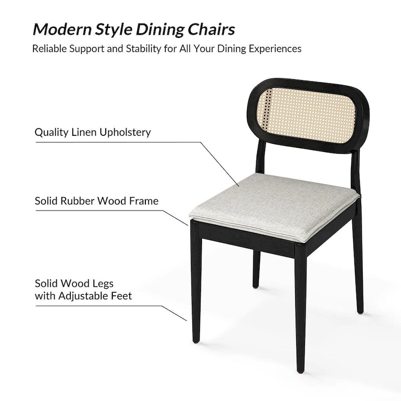 Chaise de salle à manger moderne en bois massif avec dossier en rotin et coussin amovible, lot de 2, par