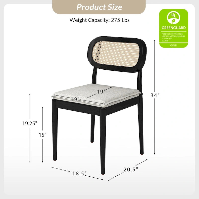 Chaise de salle à manger moderne en bois massif avec dossier en rotin et coussin amovible, lot de 2, par