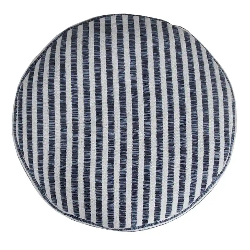 Pouf rond rayé bleu et blanc de 18 po