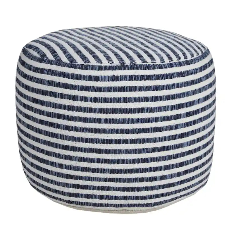 Pouf rond rayé bleu et blanc de 18 po