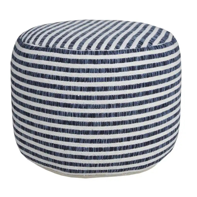 Pouf rond rayé bleu et blanc de 18 po