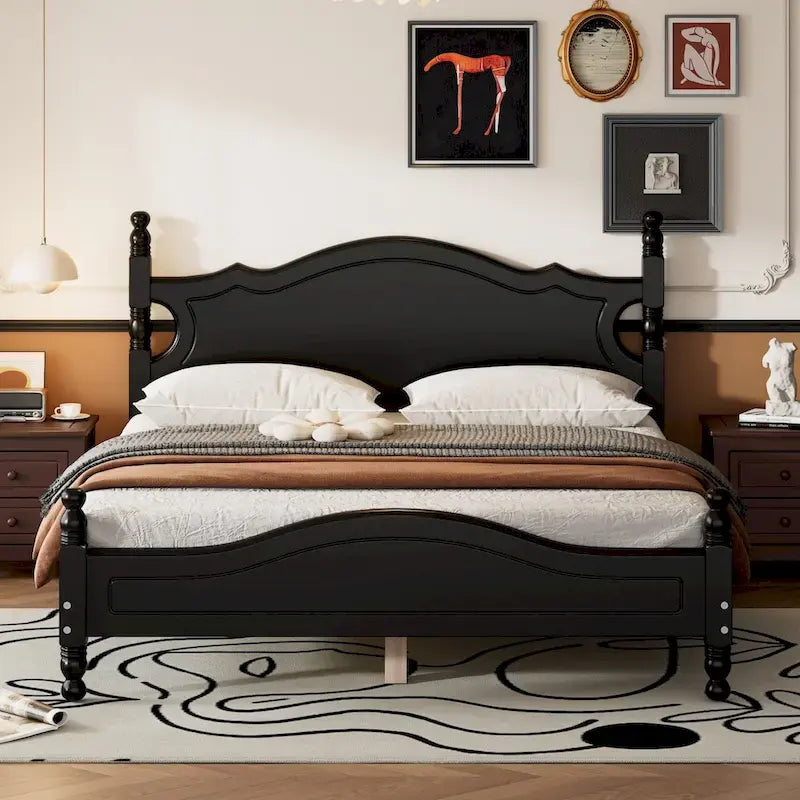 Lit plateforme en bois Queen Size, style rétro avec support à lattes en bois