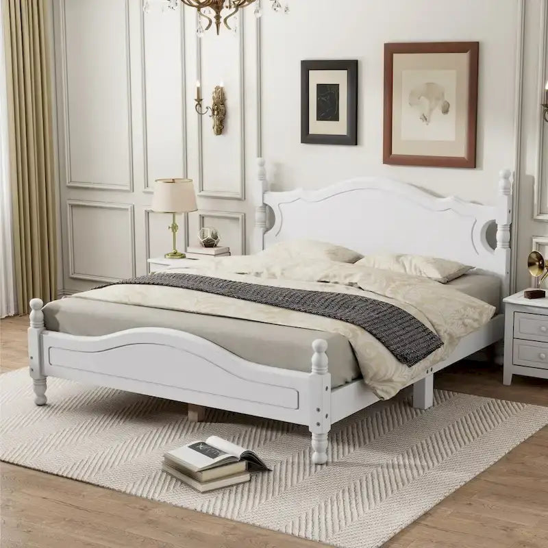 Lit plateforme en bois Queen Size, style rétro avec support à lattes en bois