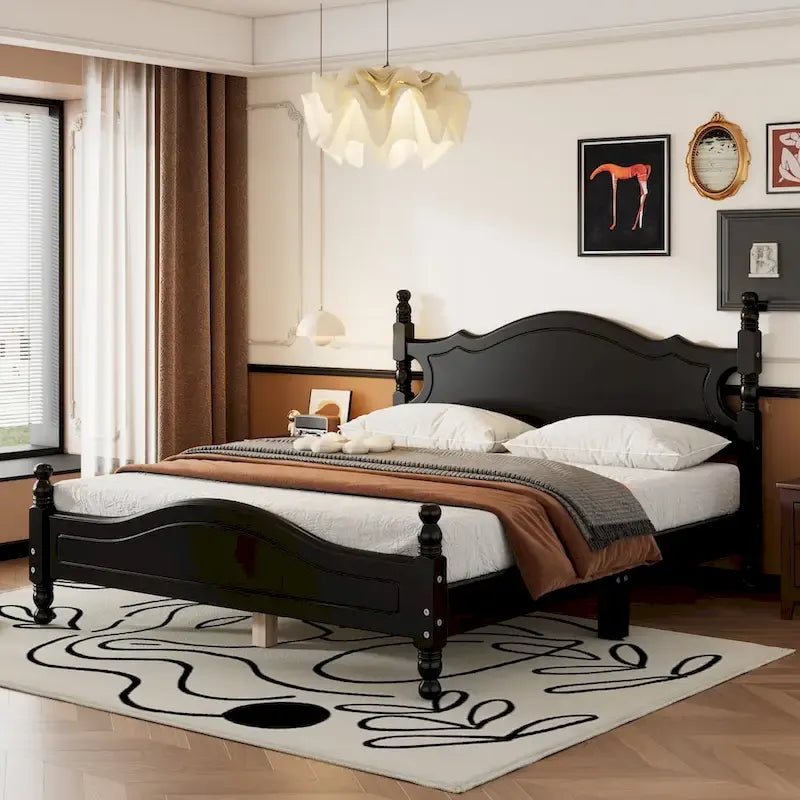 Lit plateforme en bois Queen Size, style rétro avec support à lattes en bois