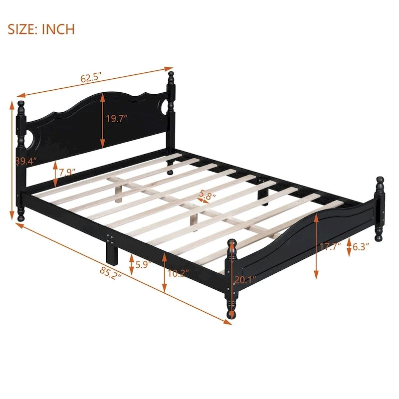 Lit plateforme en bois Queen Size, style rétro avec support à lattes en bois