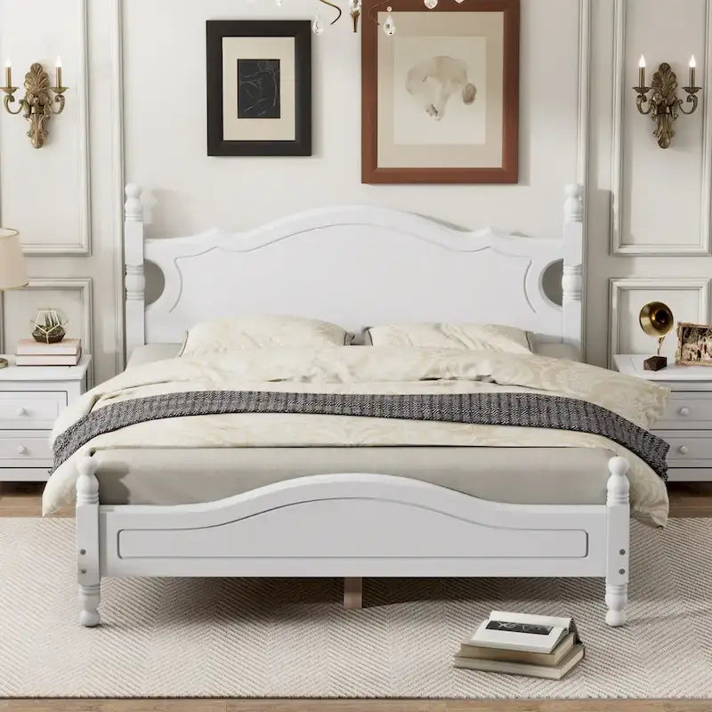 Lit plateforme en bois Queen Size, style rétro avec support à lattes en bois