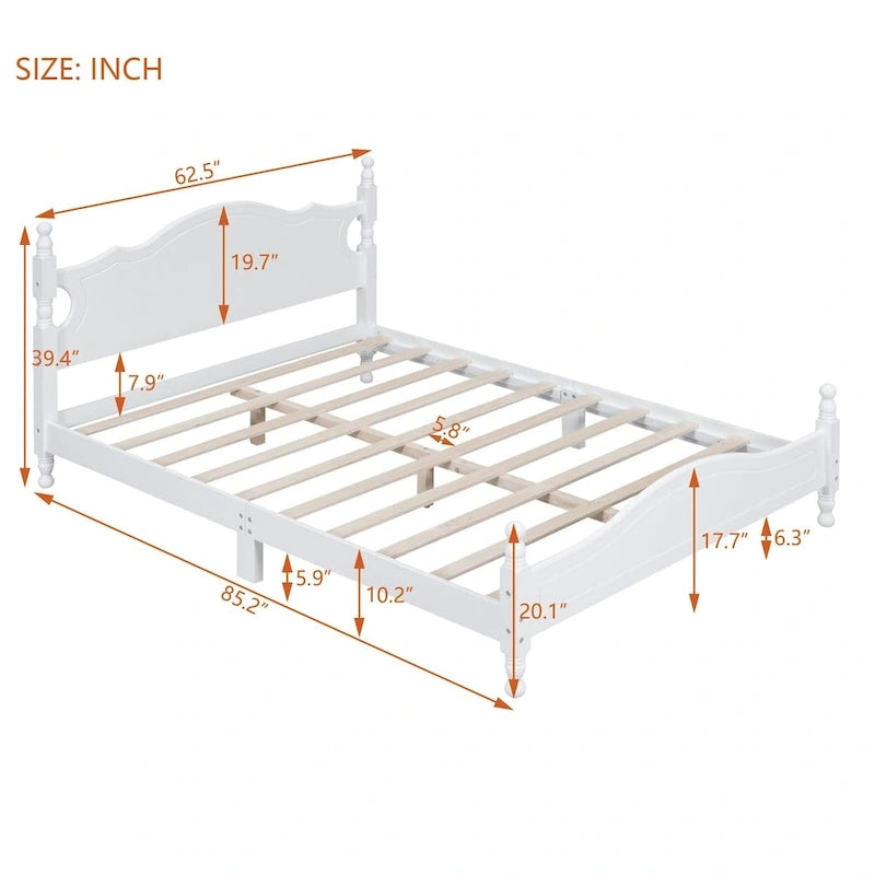 Lit plateforme en bois Queen Size, style rétro avec support à lattes en bois