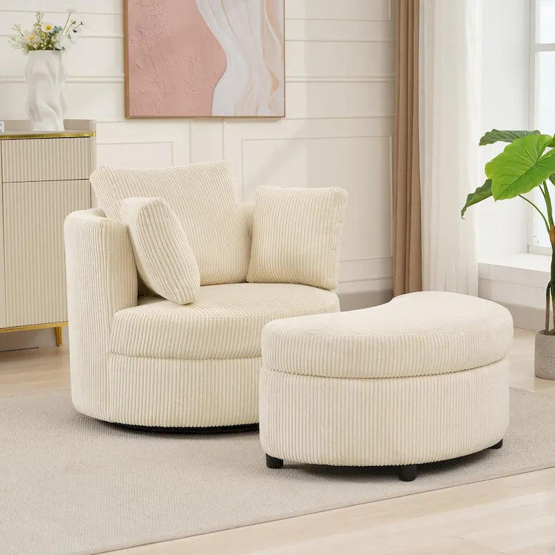 Corduroy Accent Chair, Barrel Chair with Ottoman and Back Cushions for Living Room