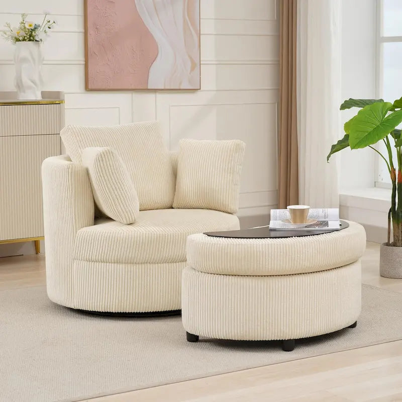Fauteuil d'appoint en velours côtelé, fauteuil baquet avec pouf et coussins de dossier pour salon