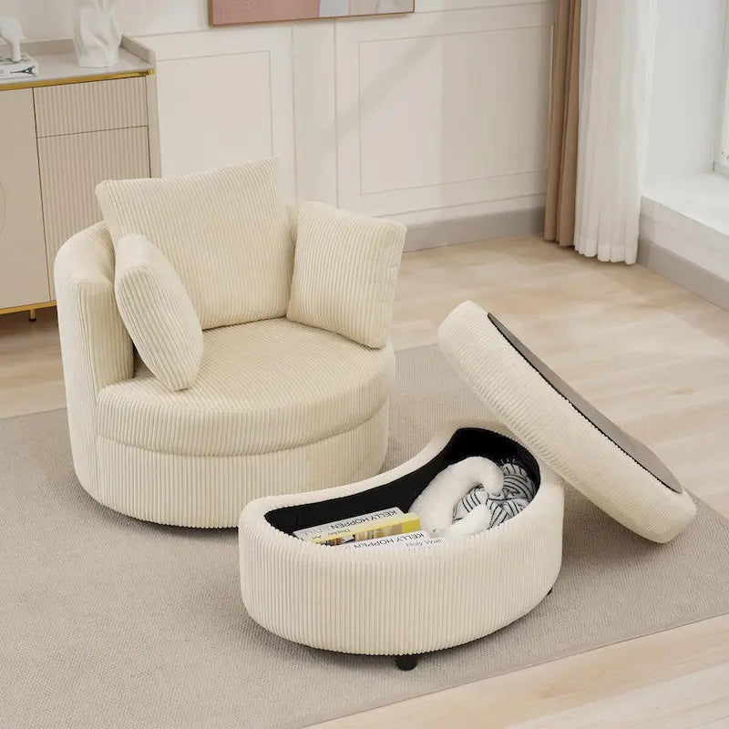 Fauteuil d'appoint en velours côtelé, fauteuil baquet avec pouf et coussins de dossier pour salon