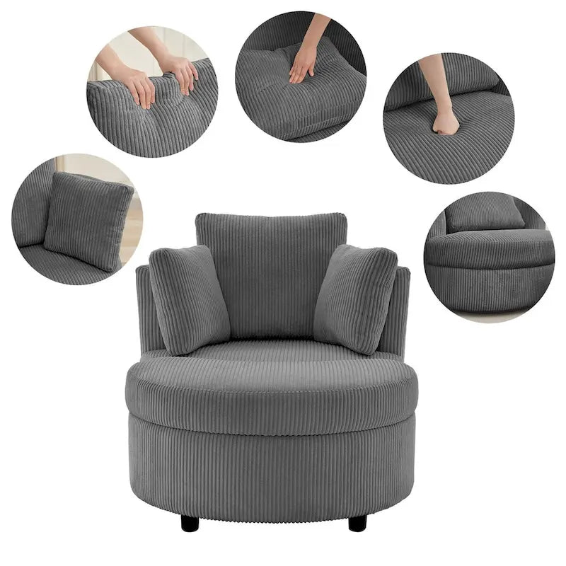Fauteuil d'appoint en velours côtelé, fauteuil baquet avec pouf et coussins de dossier pour salon