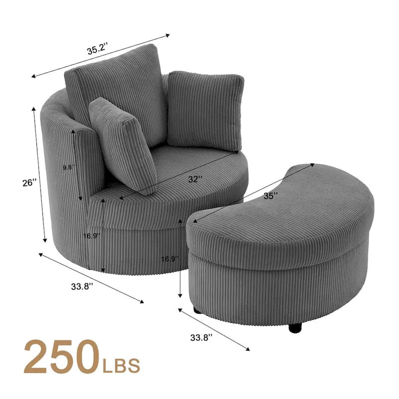 Fauteuil d'appoint en velours côtelé, fauteuil baquet avec pouf et coussins de dossier pour salon