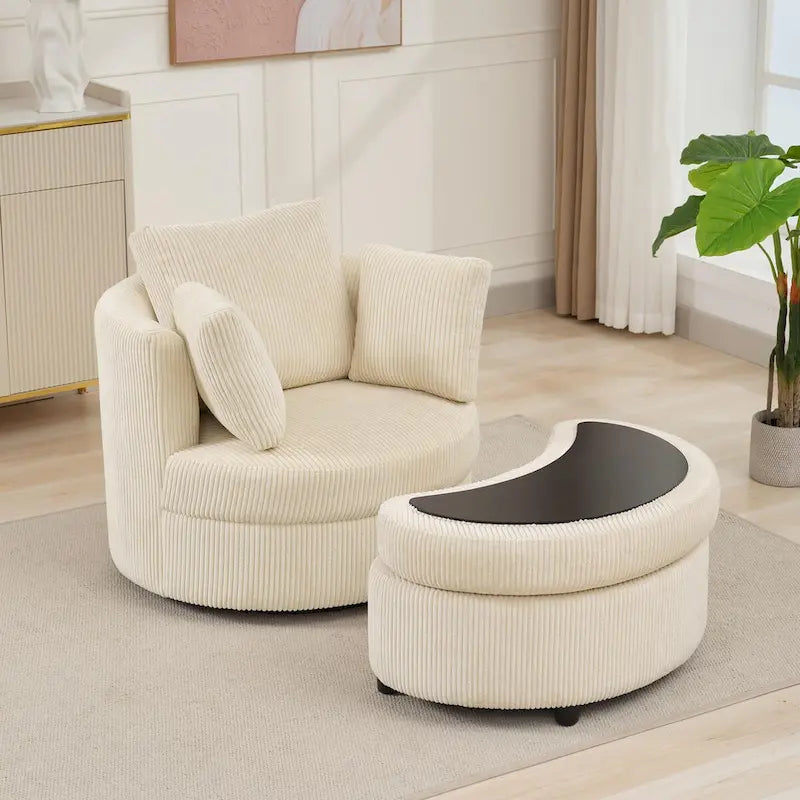Fauteuil d'appoint en velours côtelé, fauteuil baquet avec pouf et coussins de dossier pour salon