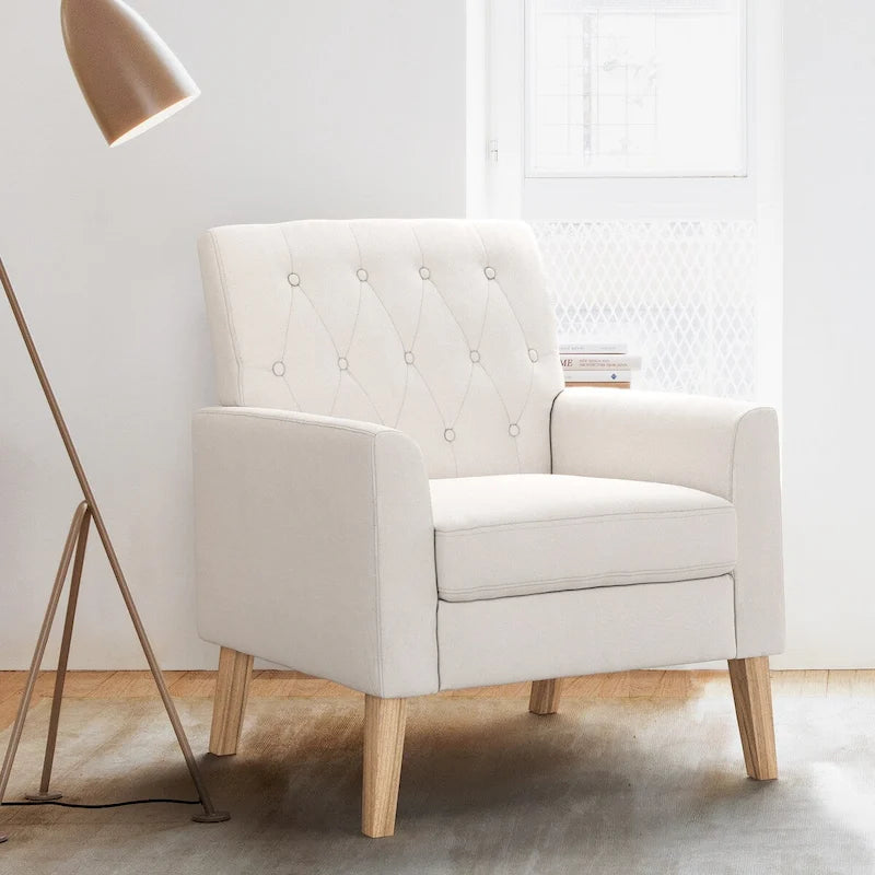 Fauteuil d'appoint capitonné moderne du milieu du siècle avec pieds en noyer et lin – 29,53 H X 30 L X 33,07 P