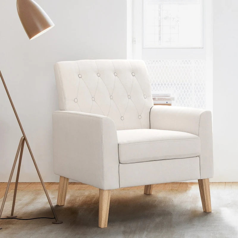  Linen and Walnut Legs Mid Century Modern Button Tufted Accent Chair - 29.53 H X 30 W X 33.07 D