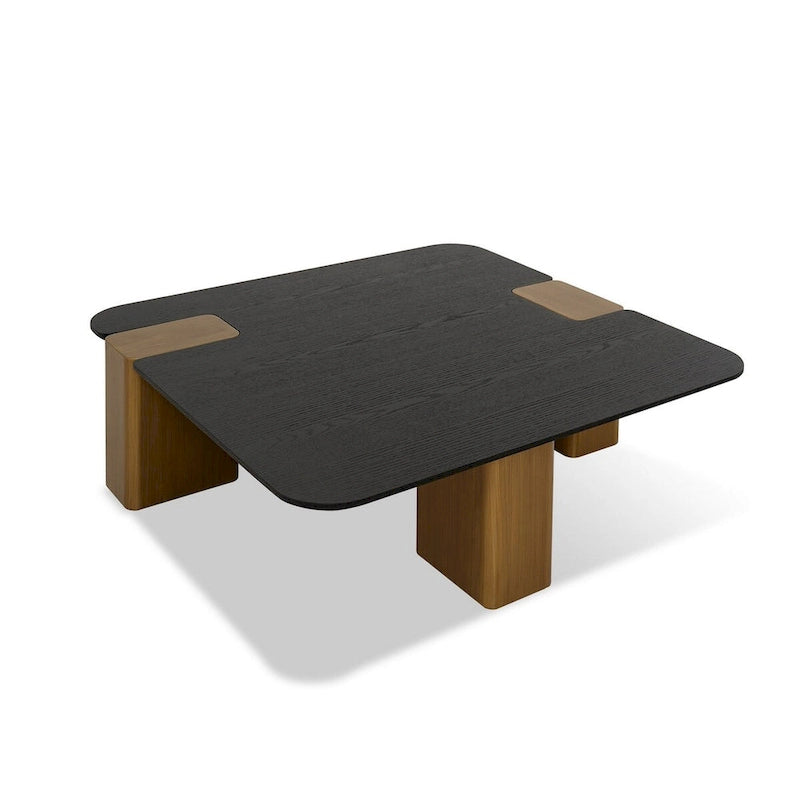  39 Inch Coffee Table, Square Black Veneer, Brushed Gold Block Legs