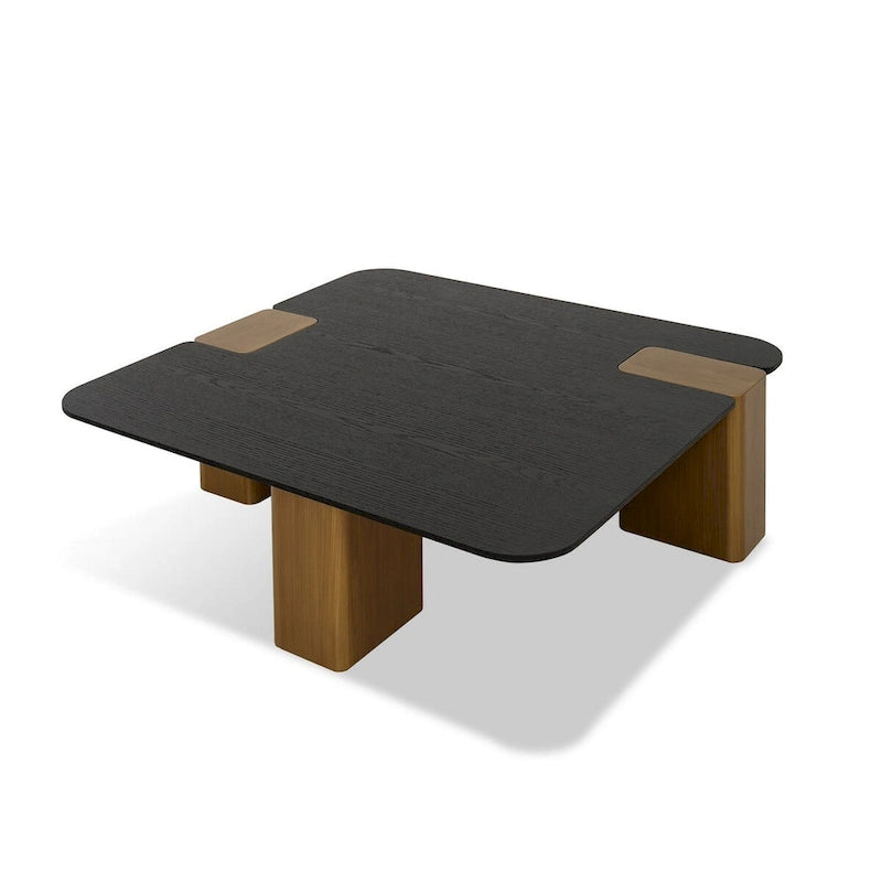 Table basse de 39 pouces, placage noir carré, pieds blocs en or brossé