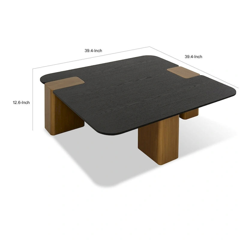 Table basse de 39 pouces, placage noir carré, pieds blocs en or brossé