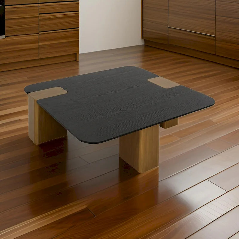 Table basse de 39 pouces, placage noir carré, pieds blocs en or brossé